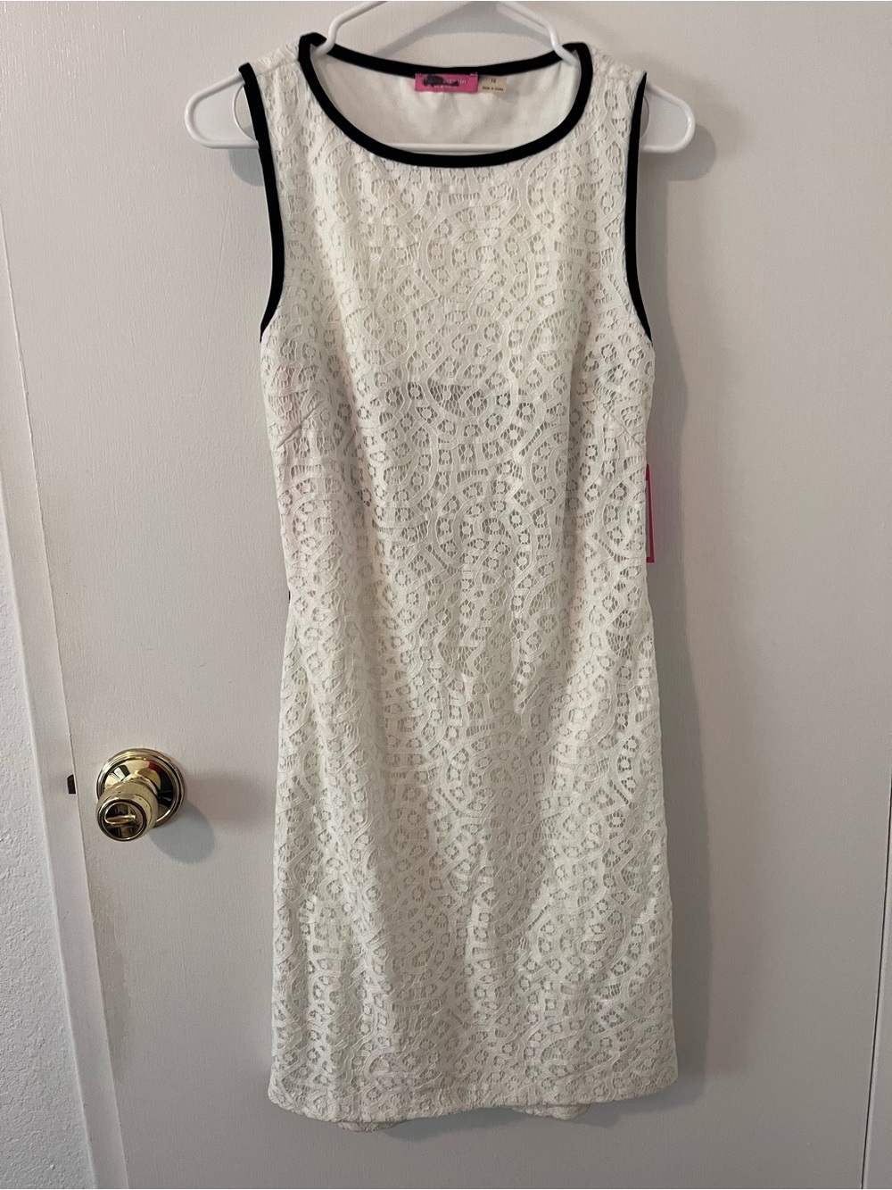 NWT Isaac Mizrahi Paisley Lace White Dress Black Piping Open Back Size 10